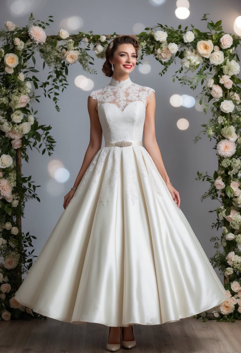 A bride stands in a vintage-inspired, high-neck 50s style wedding dress, adorned with lace and a full skirt, surrounded by classic floral decor