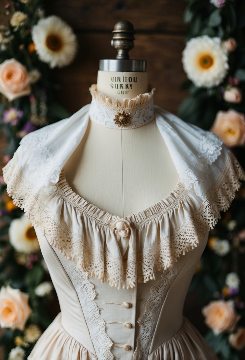 A Victorian-inspired high neck dress hangs on a vintage mannequin, surrounded by lace and floral details