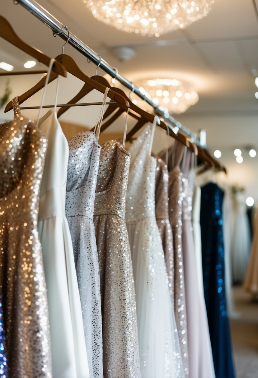 A rack of sparkling sequin dresses in a bridal boutique, with soft lighting highlighting the shimmering details