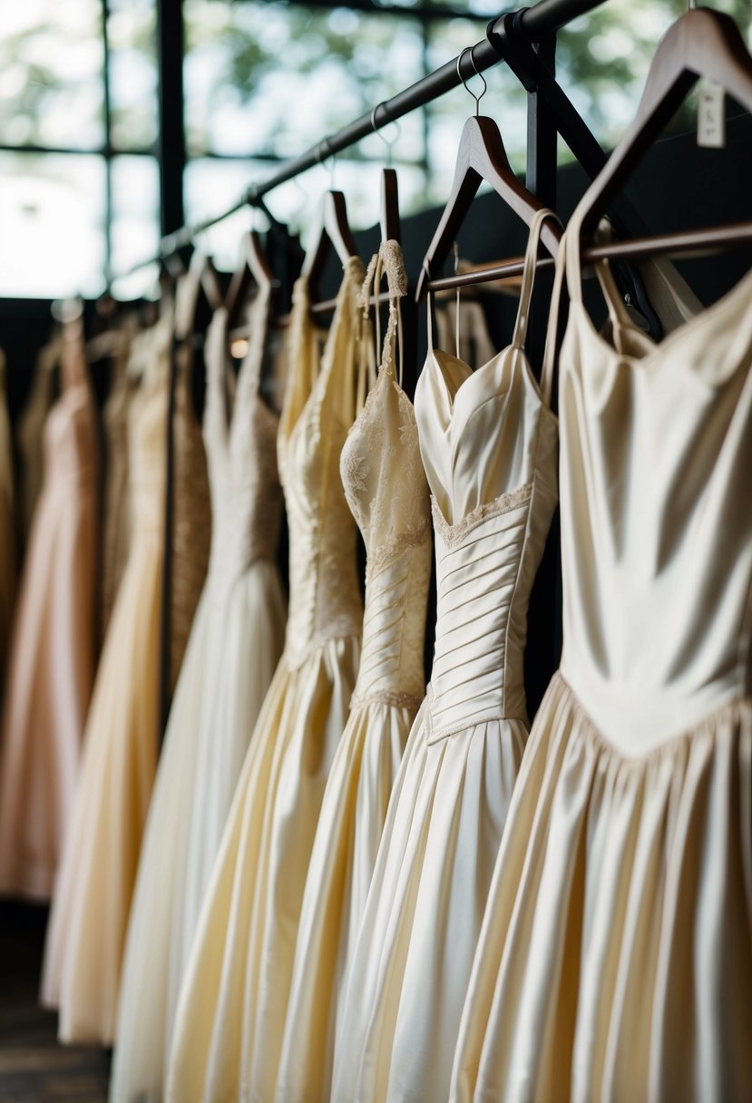 A row of 1800s silk slip wedding dresses on display