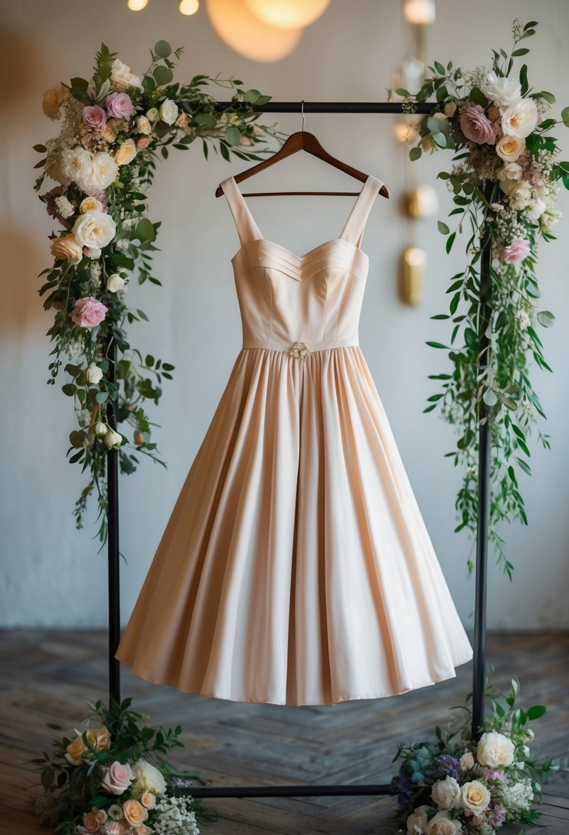 A tea-length swing dress hangs on a vintage clothing rack, surrounded by retro wedding accessories and floral arrangements