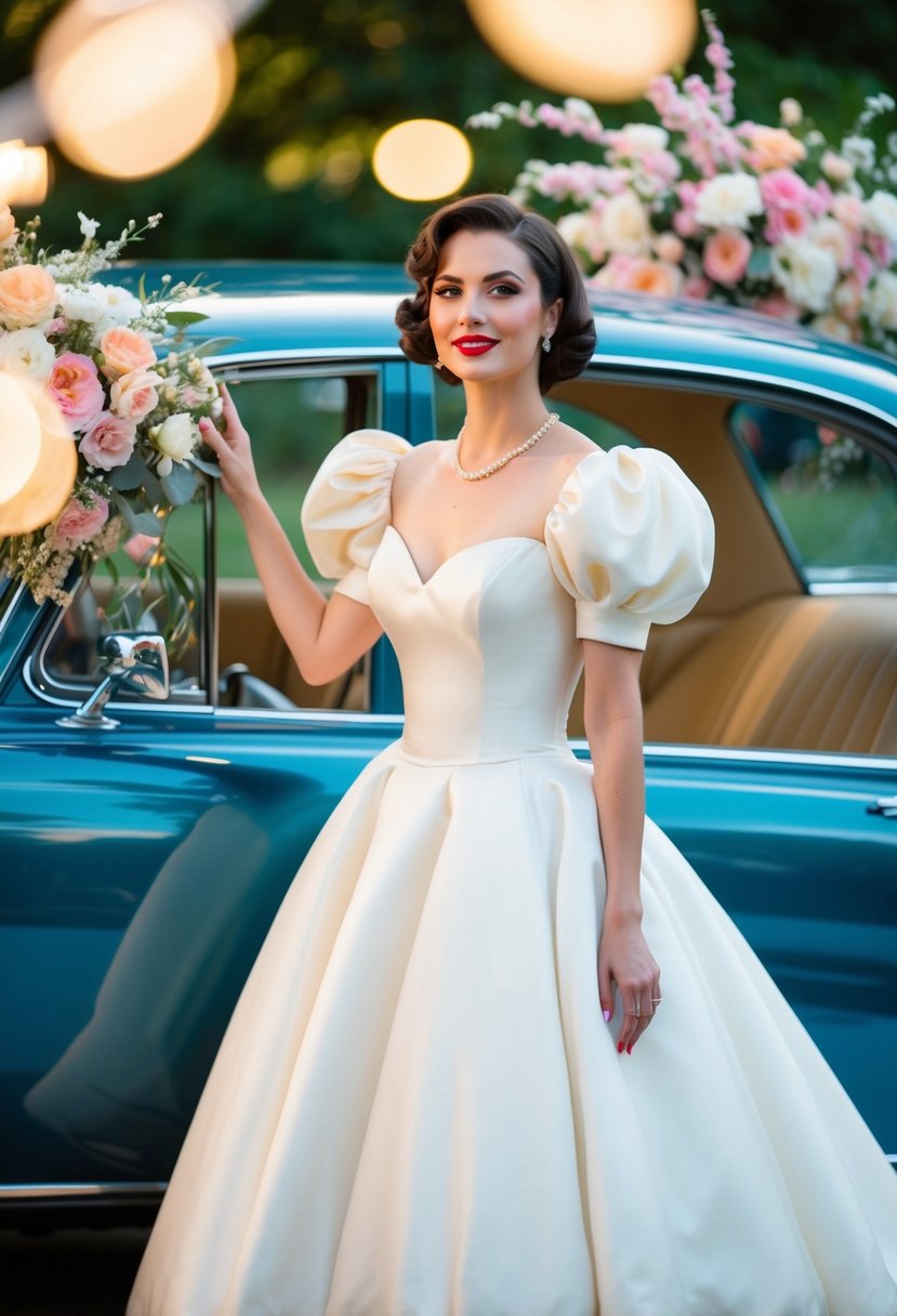 A bride in a 60s vintage puff sleeve ball gown, surrounded by retro floral decor and a classic car