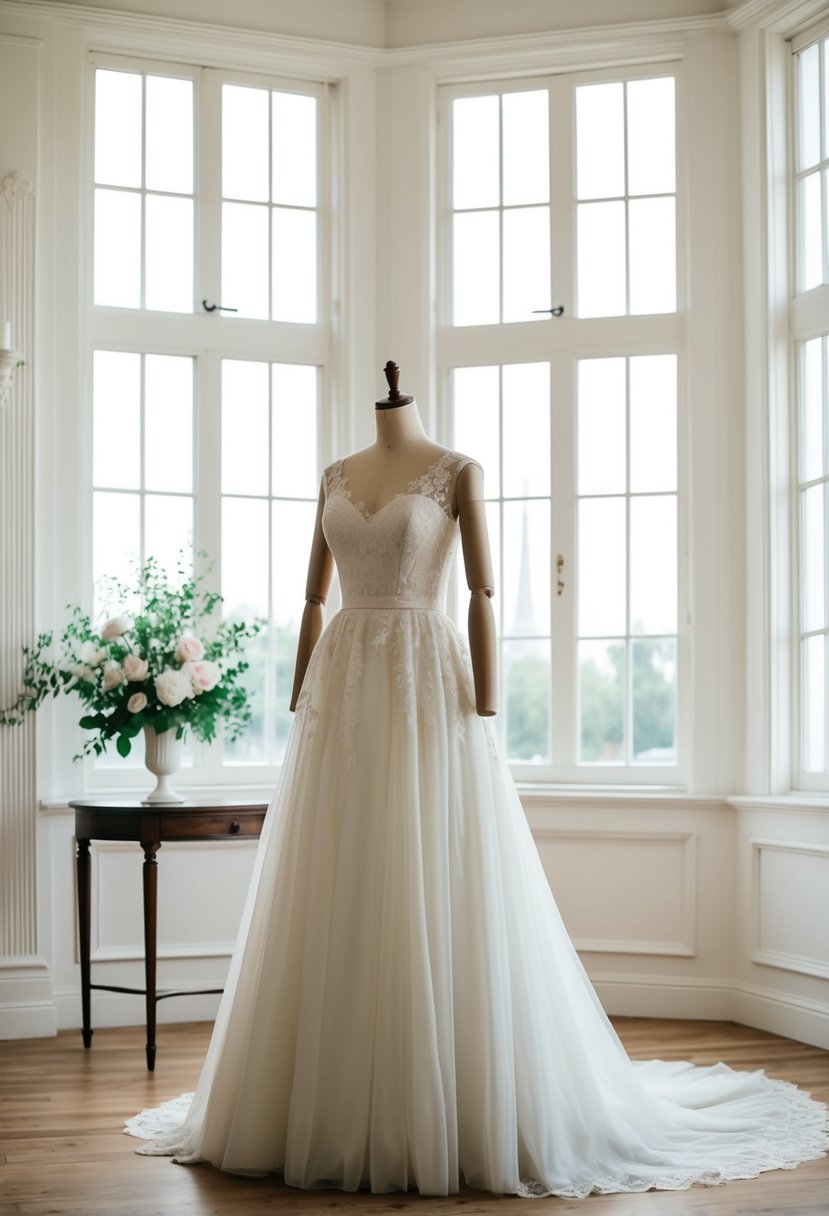 A vintage wedding dress displayed on a mannequin in a bright, airy room with large windows and elegant decor