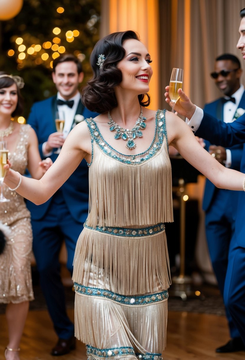 A woman in a 60s fringe dress dances at a Gatsby-inspired wedding, surrounded by champagne glasses and jazz musicians