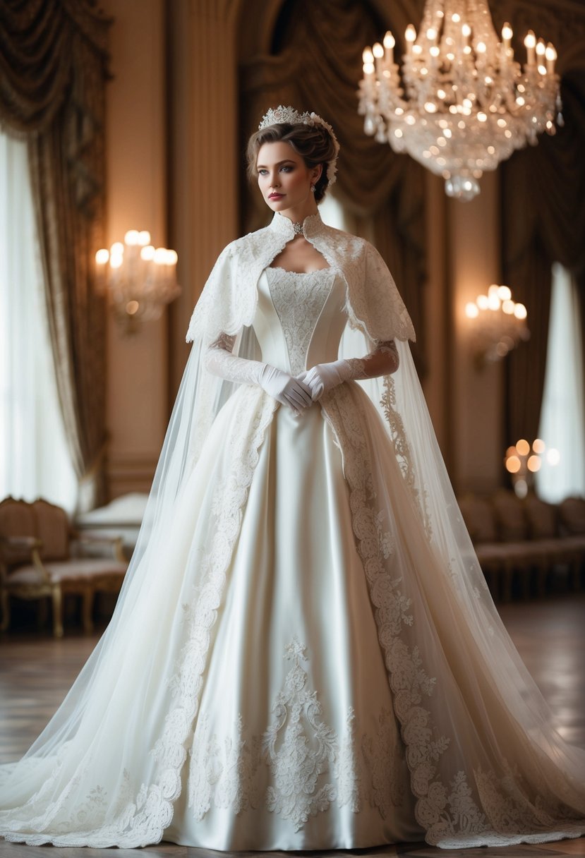 An elegant 1800s wedding dress with a flowing cape and intricate cloak, adorned with lace and delicate embroidery, set against a backdrop of a grand ballroom