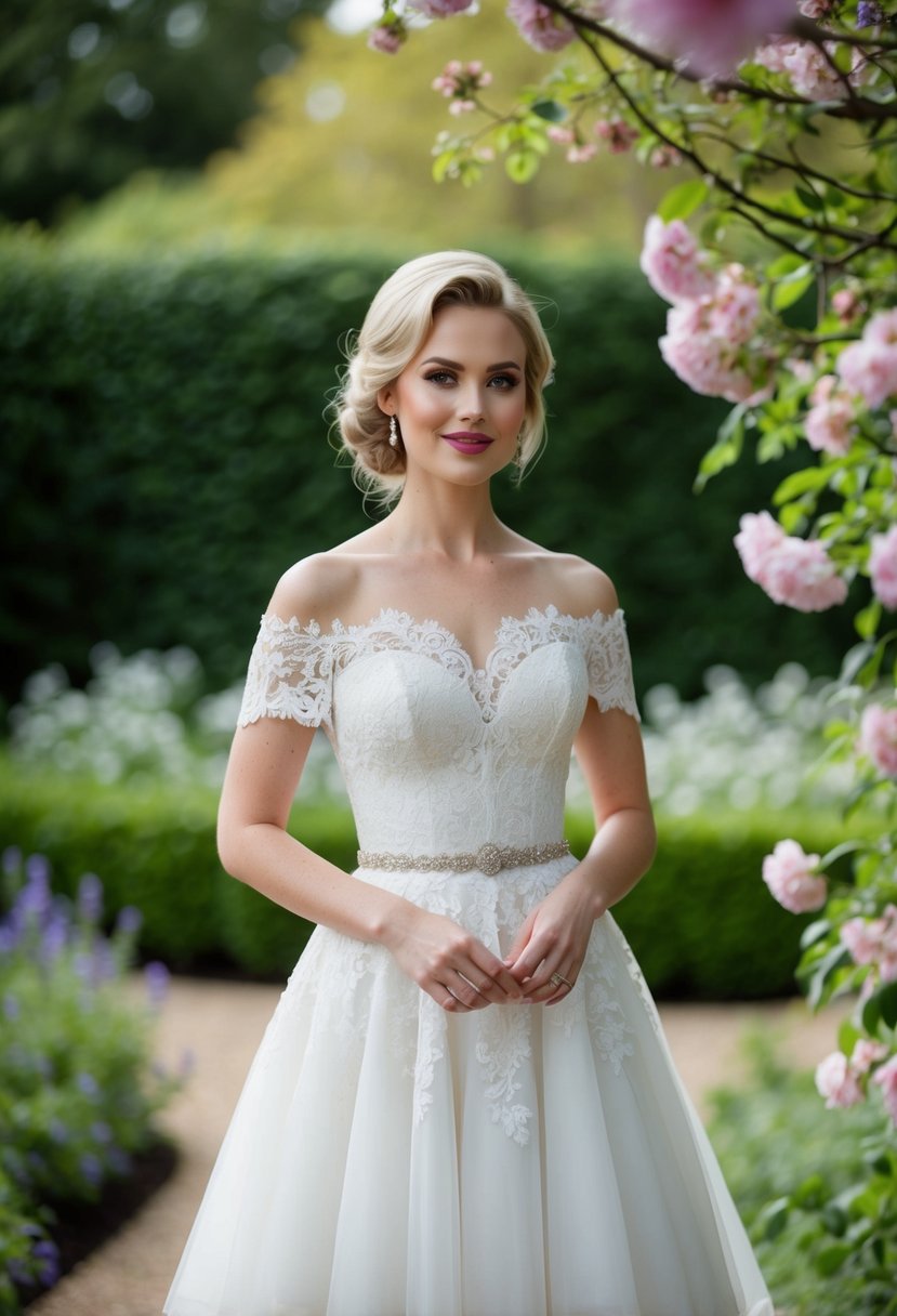 A bride wearing an off-the-shoulder lace dress with a 60s vintage vibe, standing in a garden surrounded by blooming flowers and greenery