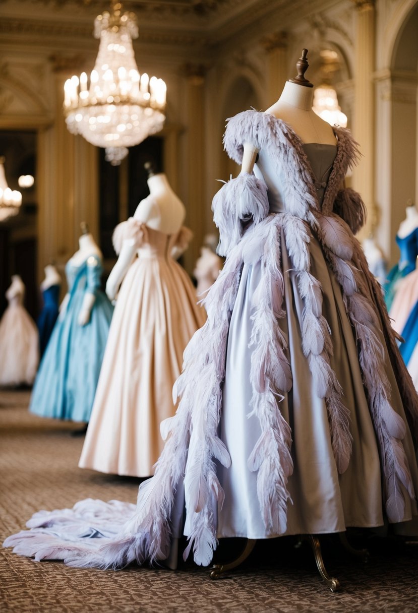 A grand ballroom filled with elegant feather-trimmed gowns from the 1800s, draped over mannequins and displayed on ornate stands