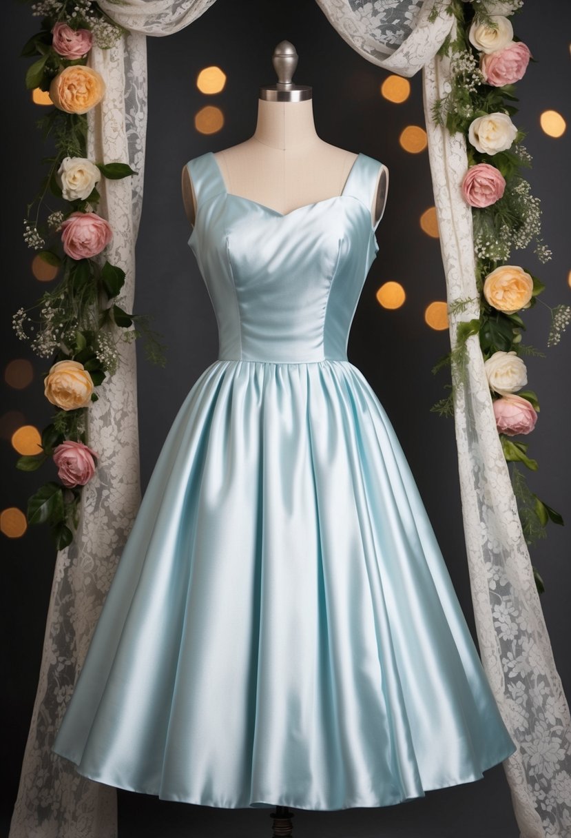 A 1950s satin A-line dress hangs on a vintage mannequin, surrounded by lace and floral accents