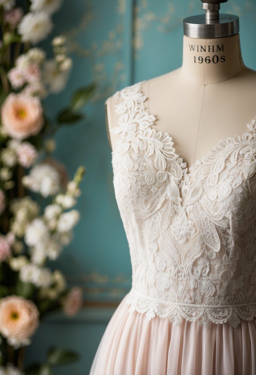 An elegant lace detail dress from the 1960s, set against a vintage backdrop with delicate floral accents