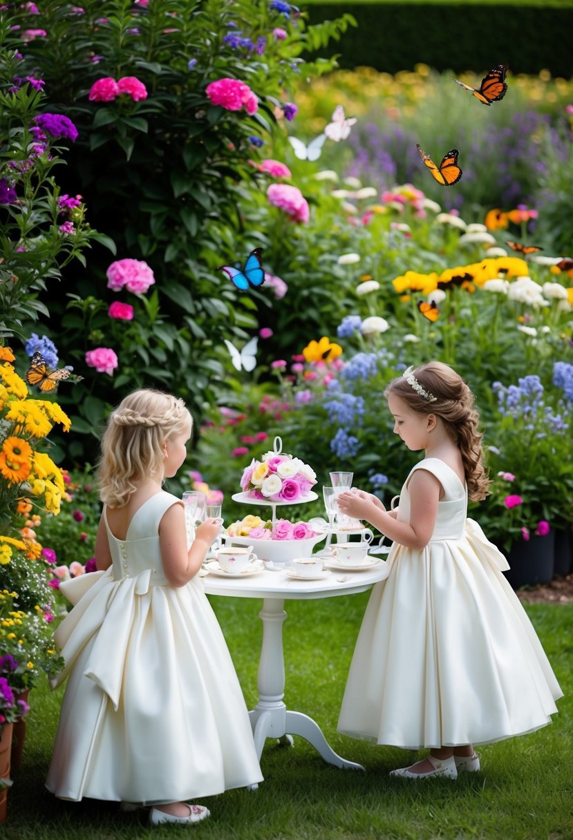 A garden filled with colorful flowers and butterflies, with a small table set for a tea party, surrounded by kids in beautiful wedding dresses