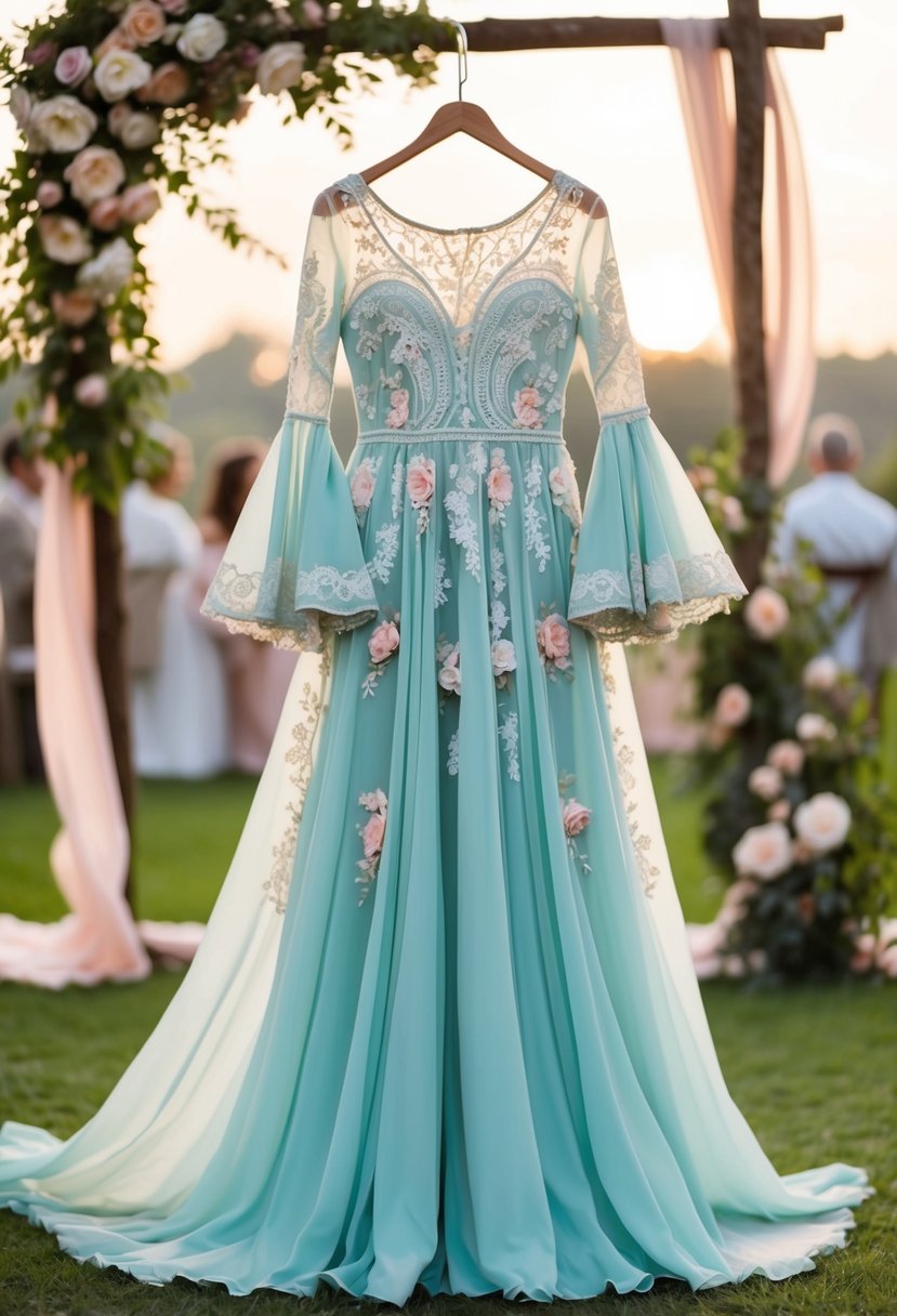 A flowing boho dress with bell sleeves, adorned with intricate lace and floral details, set against a backdrop of a whimsical outdoor 1960s wedding