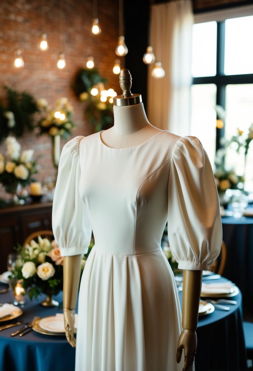 A mannequin wearing an '80s style puff sleeve dress in a vintage wedding setting with 60s decor and ambiance