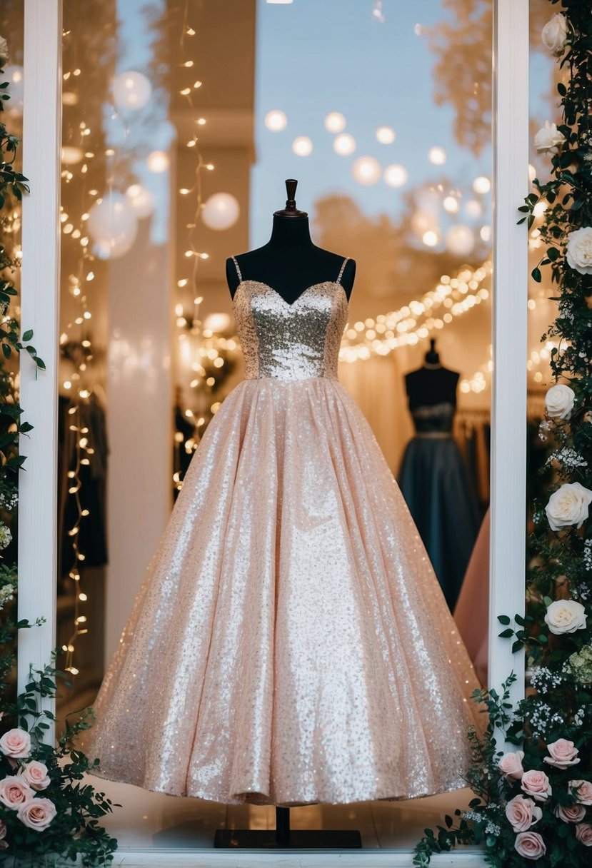 A sparkling sequin ballgown displayed on a mannequin in a boutique window, surrounded by twinkling lights and floral accents