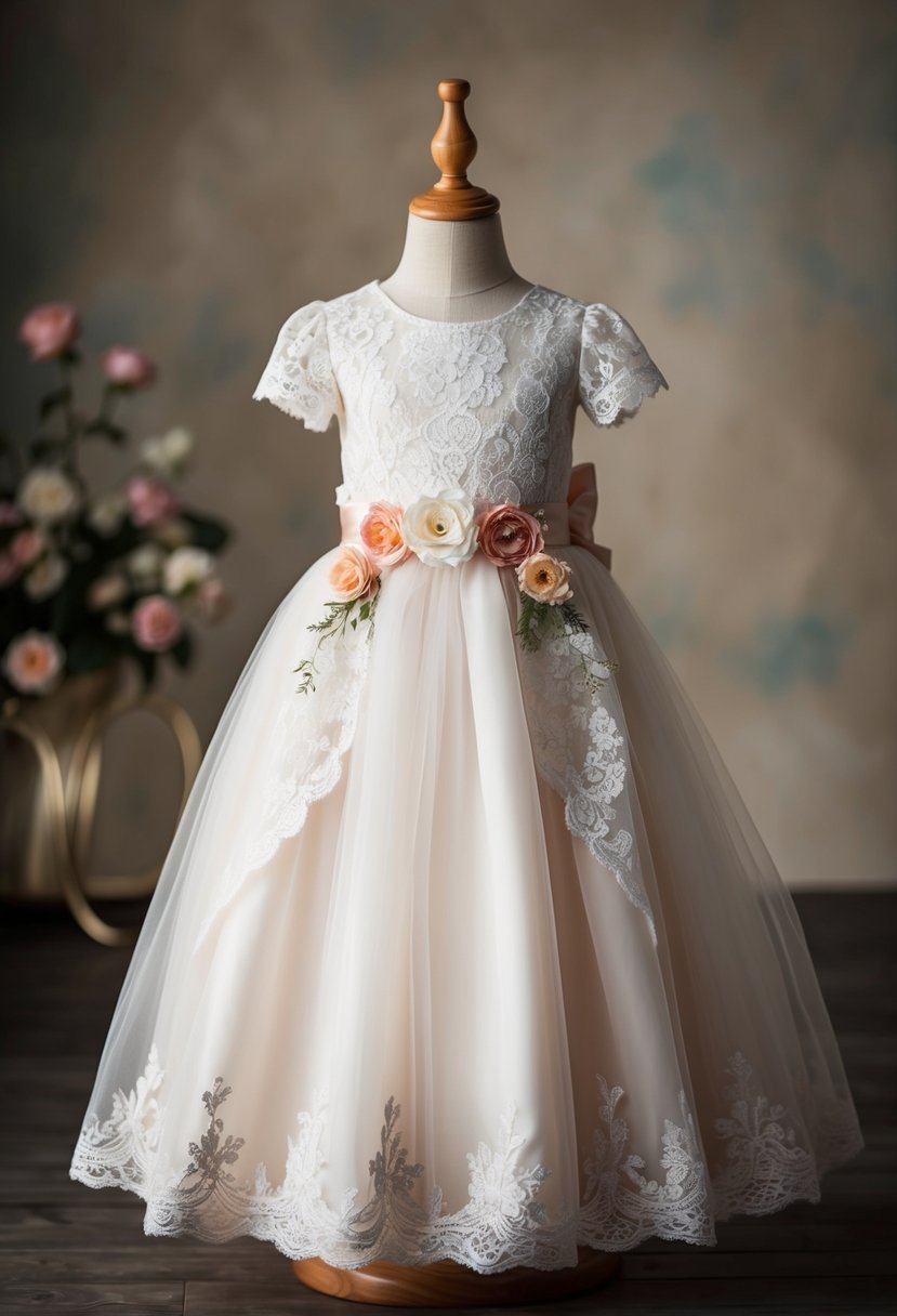 A tea-length vintage kids wedding dress with lace, tulle, and floral accents, exuding elegance and charm