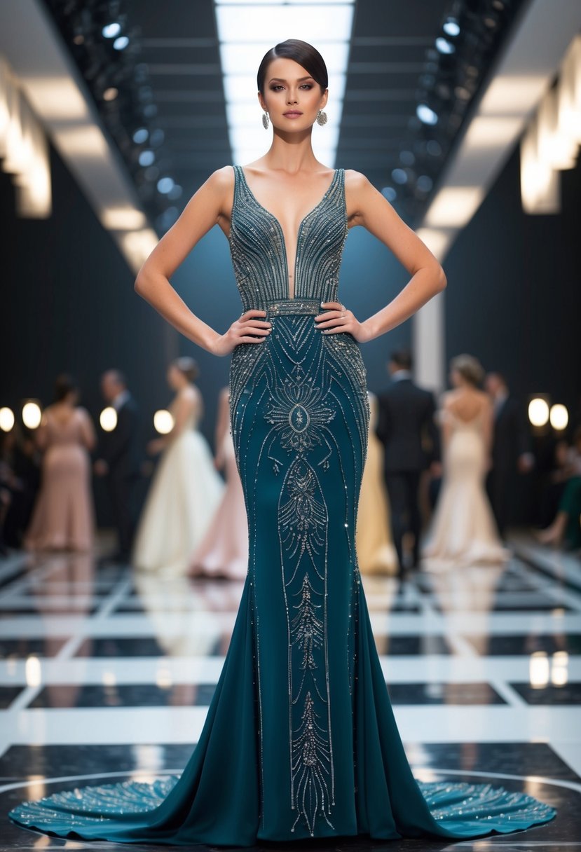 A sleek, floor-length gown with intricate beading and a column silhouette, evoking the glamour of 1960s Art Deco fashion