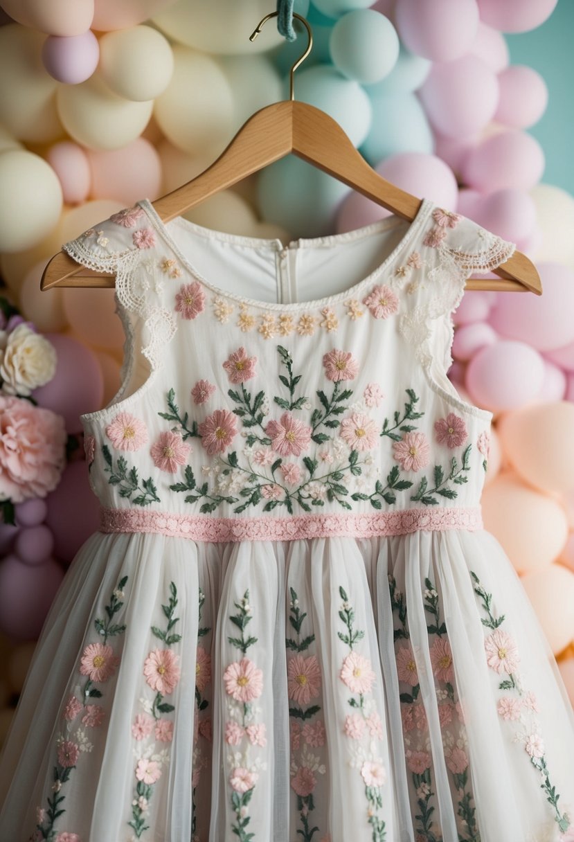 A delicate floral embroidered dress hangs on a hanger, surrounded by soft pastel colors and dainty lace details