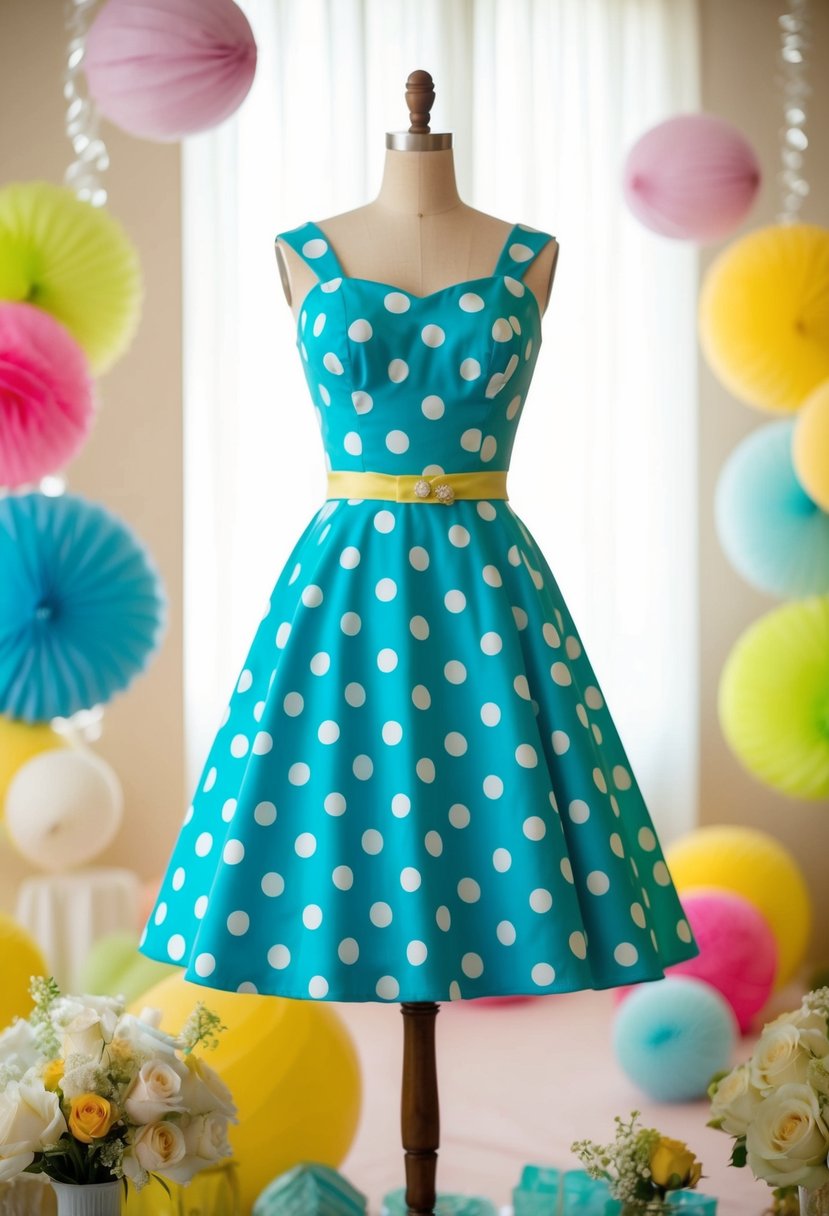 A retro polka dot tea dress hangs on a vintage mannequin surrounded by 60s wedding decor