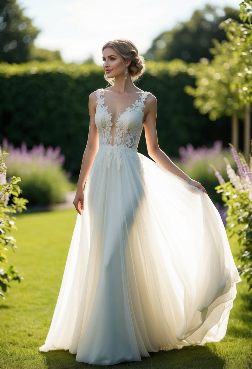 A bride standing in a garden, wearing a flowing, ethereal wedding dress with delicate lace details and no sleeves