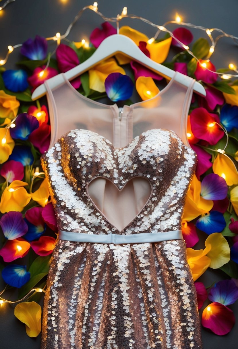 A shimmering heart cutout sequin dress on a hanger, surrounded by colorful flower petals and twinkling fairy lights