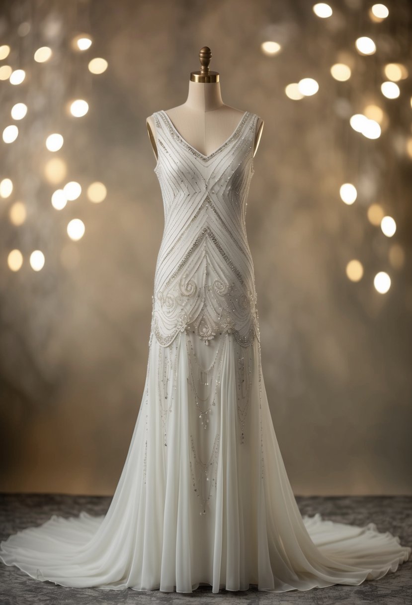 A 1920s flapper-inspired wedding dress with no sleeves, adorned with intricate beading and a flowing silhouette