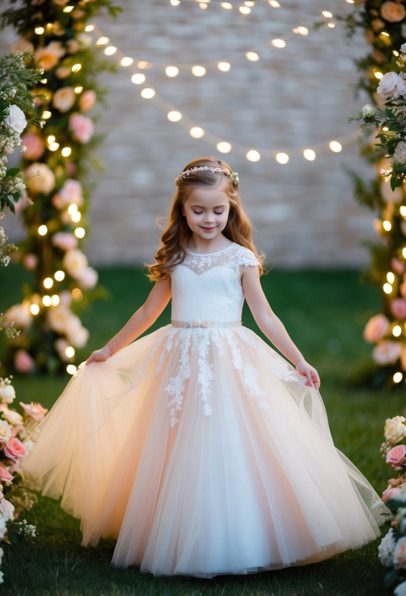 A young girl twirls in a floor-length lace and tulle gown, surrounded by blooming flowers and twinkling fairy lights