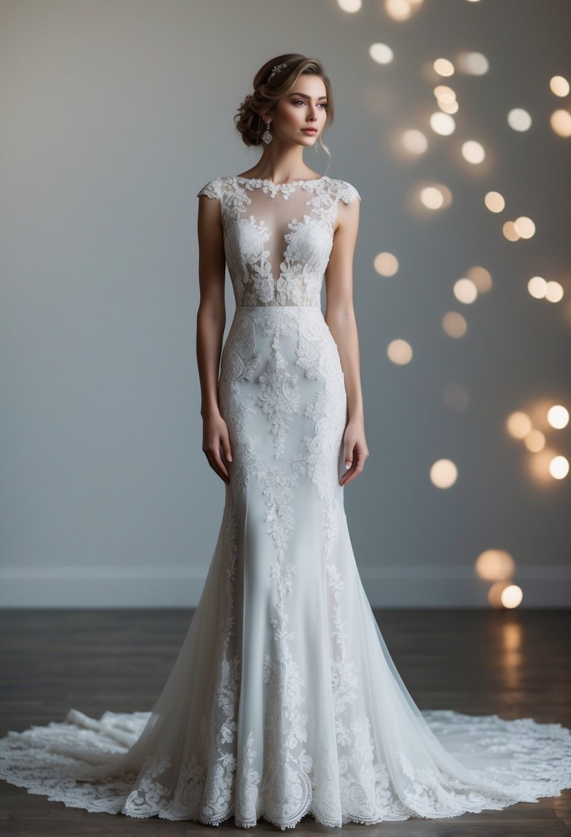 An elegant wedding dress with intricate lace overlays and no sleeves, featuring delicate floral patterns and a flowing silhouette