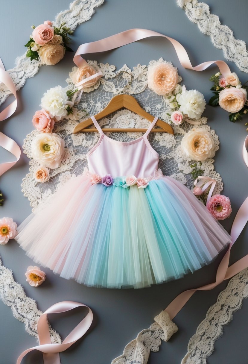 A pastel tutu dress hangs on a hanger, surrounded by delicate lace, ribbons, and floral accents