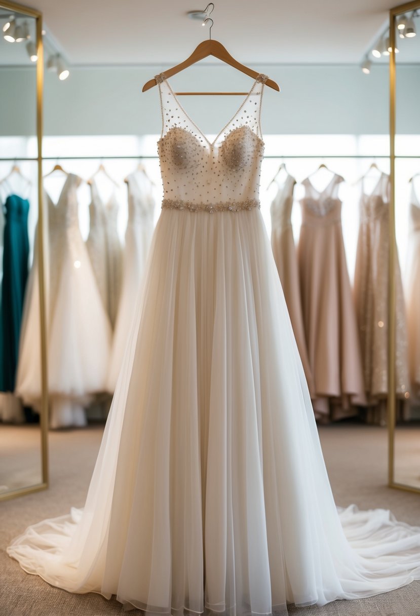 A flowing, floor-length wedding dress with delicate beadwork and no sleeves, hanging on a mannequin in a softly lit bridal boutique