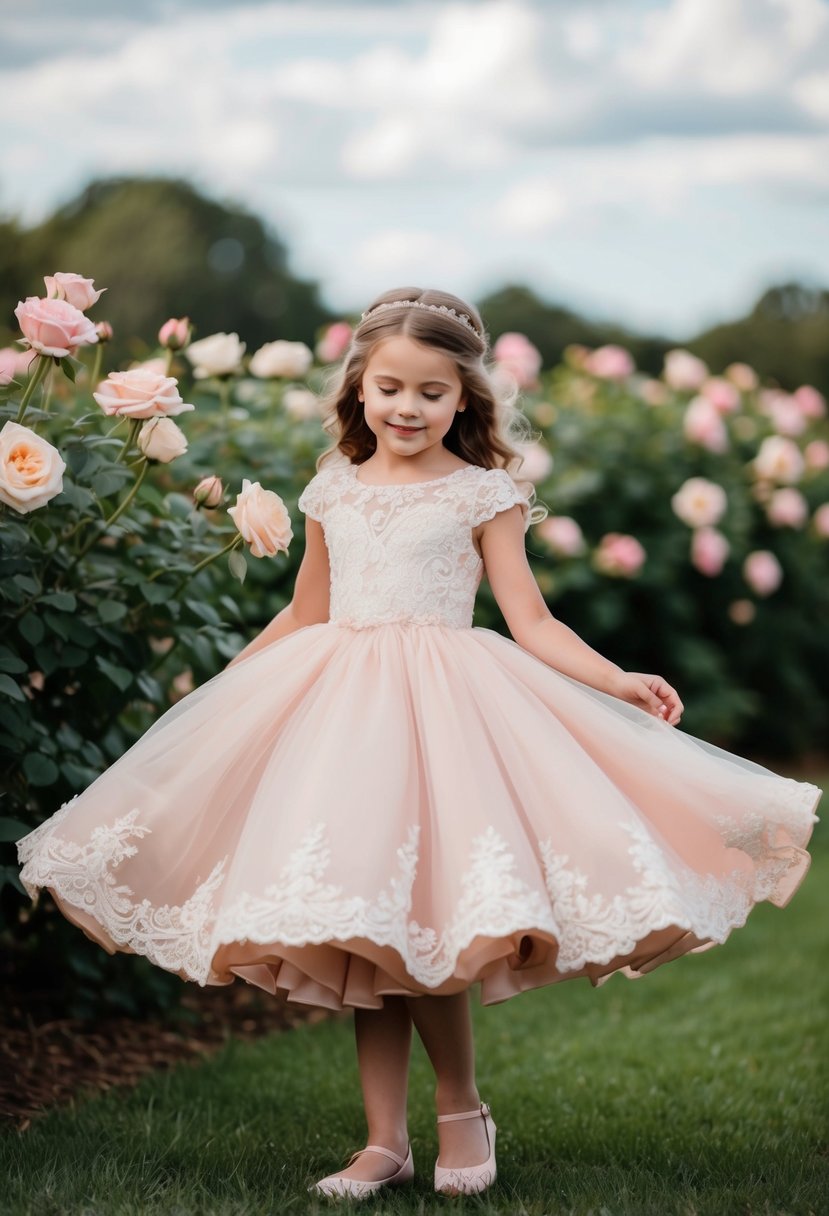 A young girl twirls in a blush pink ballgown, surrounded by blooming roses and delicate lace details