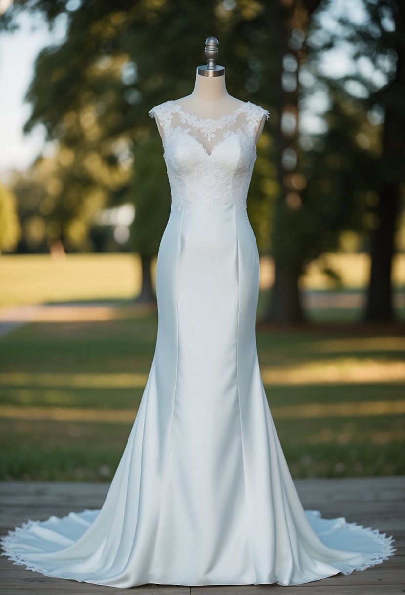 A mannequin wearing a sleek A-line wedding dress with no sleeves, adorned with delicate lace and a flowing train