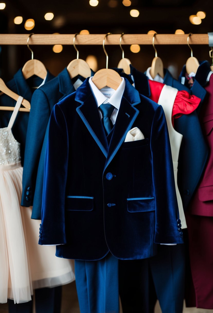 A navy velvet suit hanging on a wooden hanger, surrounded by other formal children's attire