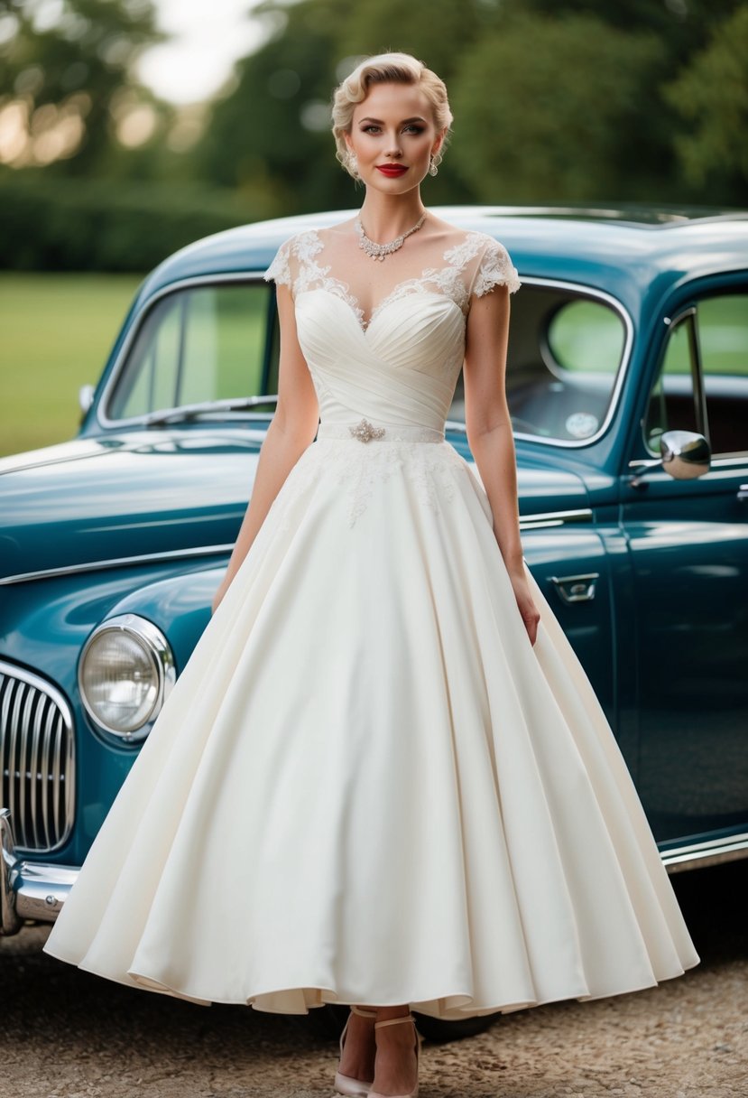 A bride in a 40s-style wedding dress, with a fitted bodice, full skirt, and lace details, stands in front of a vintage car