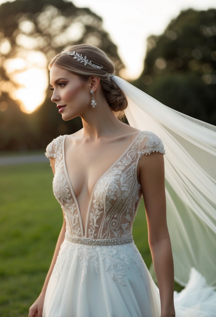 A deep V-neckline wedding dress with no sleeves, adorned with delicate lace and intricate beadwork, flowing gracefully in the breeze