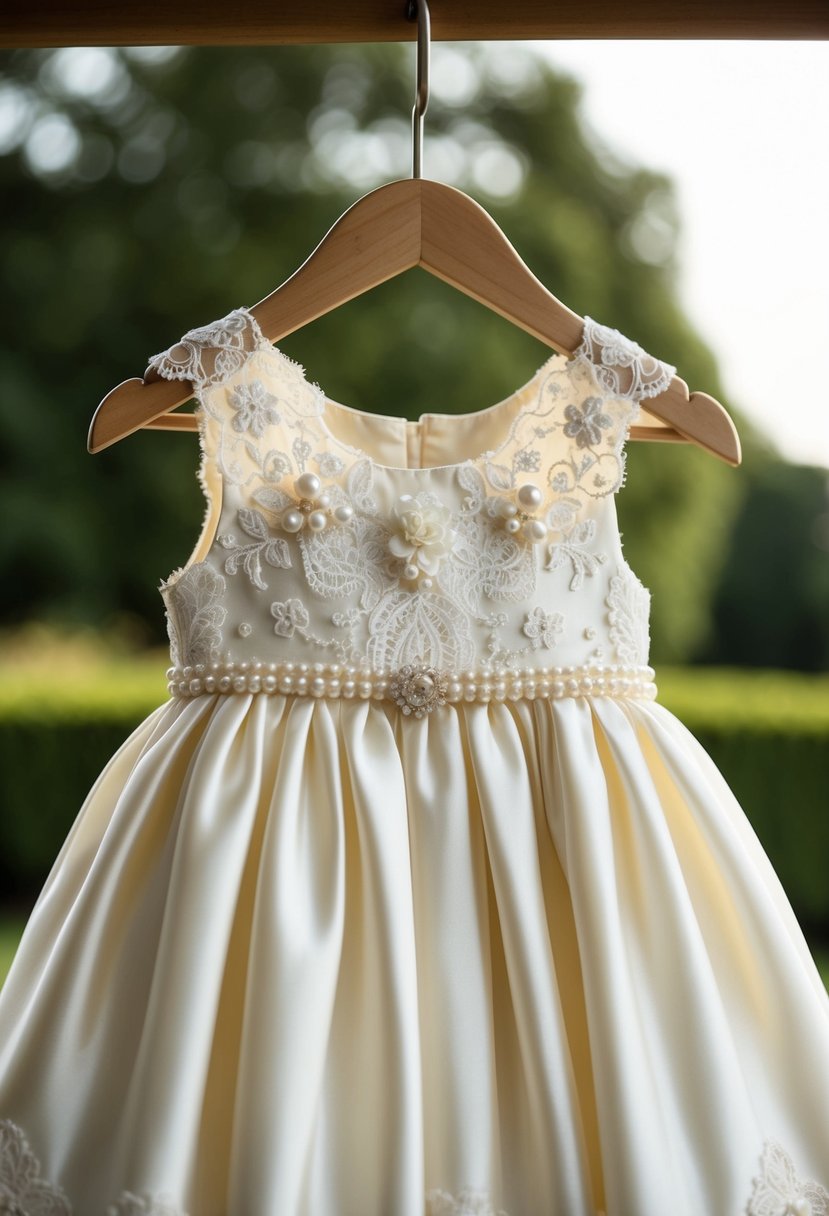 A delicate ivory silk flower girl dress hangs from a wooden hanger, adorned with intricate lace and pearl details