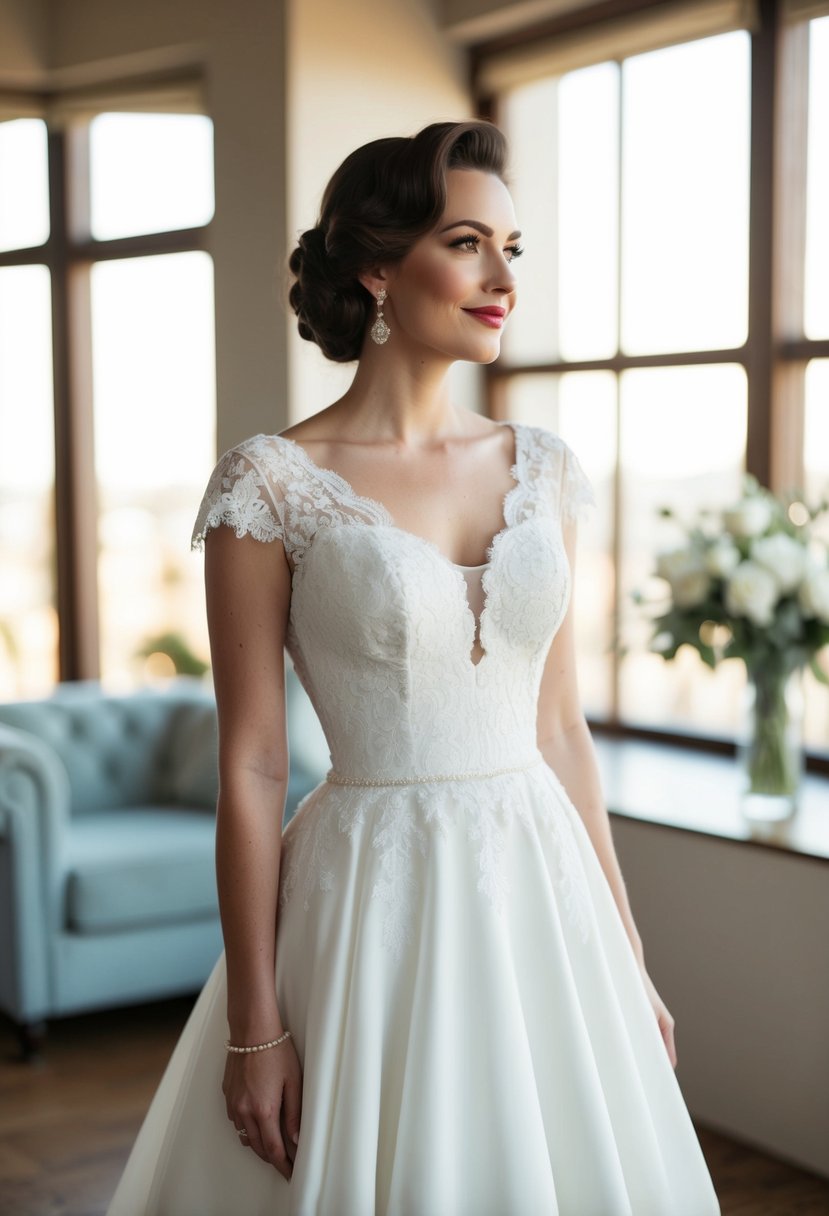 A bride in a 40s style wedding dress, with a flattering A-line silhouette, adorned with elegant lace and delicate details