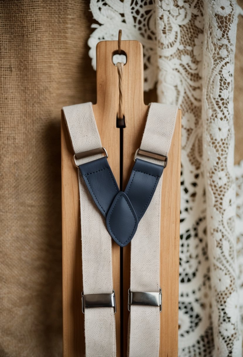 A pair of rustic linen suspenders, hanging on a wooden peg against a backdrop of vintage lace and burlap fabric