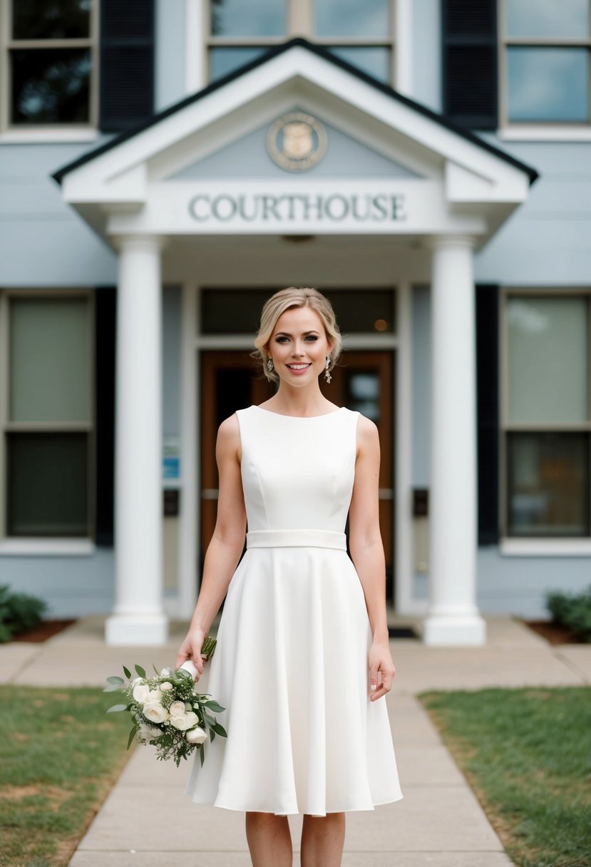 A bride in a knee-length, sleeveless wedding dress stands outside a casual courthouse, with a simple bouquet in hand