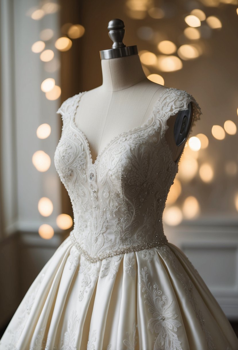 An elegant lace and silk wedding gown with a fitted bodice and full skirt, adorned with delicate beading and intricate embroidery