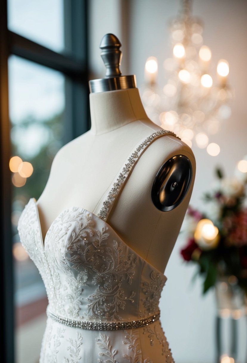 An asymmetrical strap detail wedding dress on a mannequin