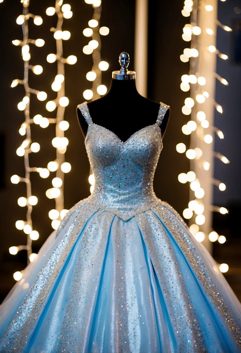 A shimmering Cinderella dress displayed on a mannequin, surrounded by twinkling fairy lights and cascading tulle fabric