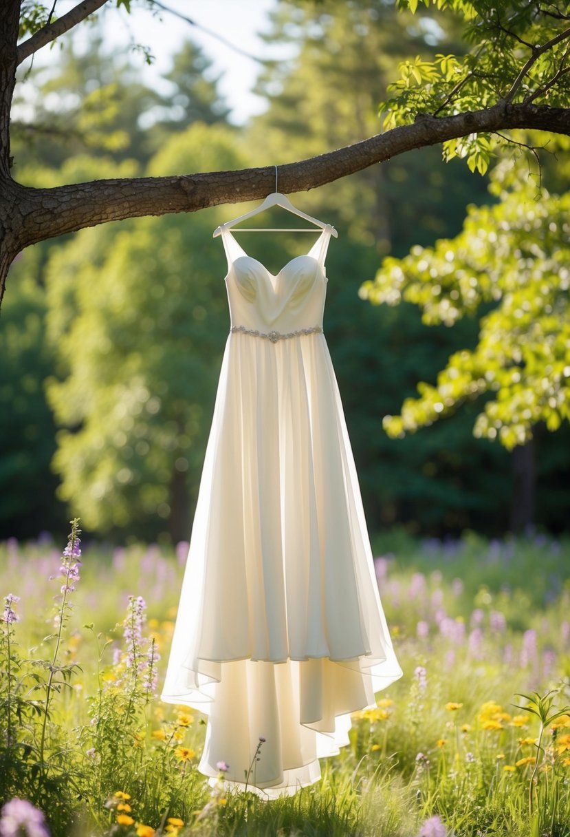 A flowing chiffon wedding dress hangs from a tree branch in a serene forest clearing, surrounded by wildflowers and dappled sunlight