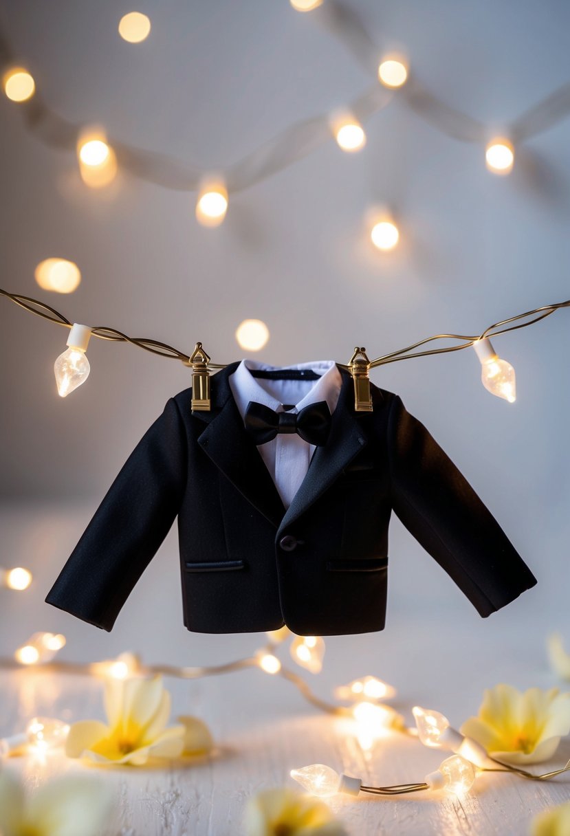 A tiny tuxedo with a black bow tie hangs on a miniature clothesline, surrounded by delicate flower petals and twinkling fairy lights