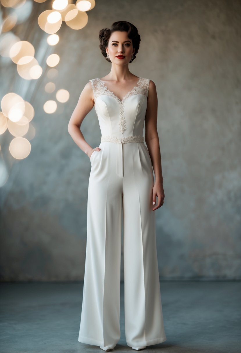 A vintage 40s-style wedding dress with a nontraditional jumpsuit flair, featuring a tailored bodice, wide-leg trousers, and delicate lace or floral embellishments