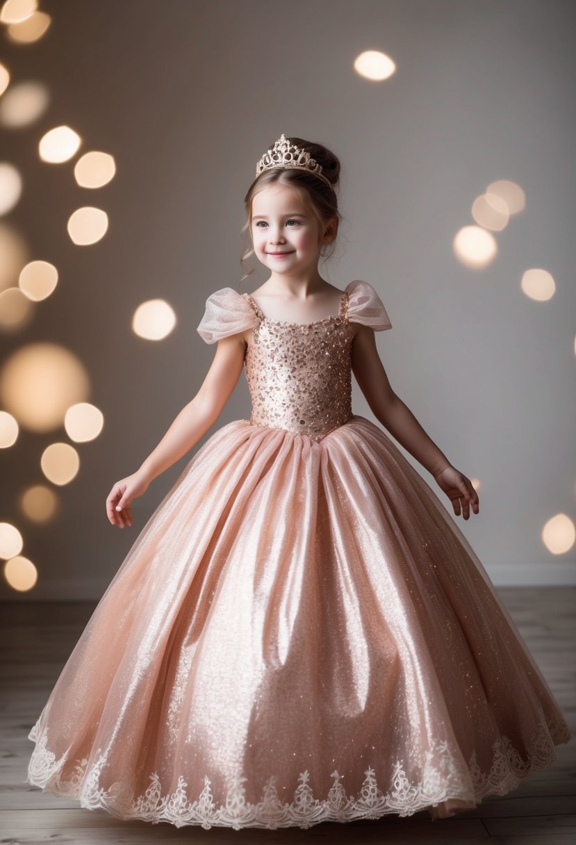 A young girl twirls in a rose gold princess gown, surrounded by shimmering tulle and delicate lace. The gown sparkles in the soft light, evoking a sense of magic and enchantment