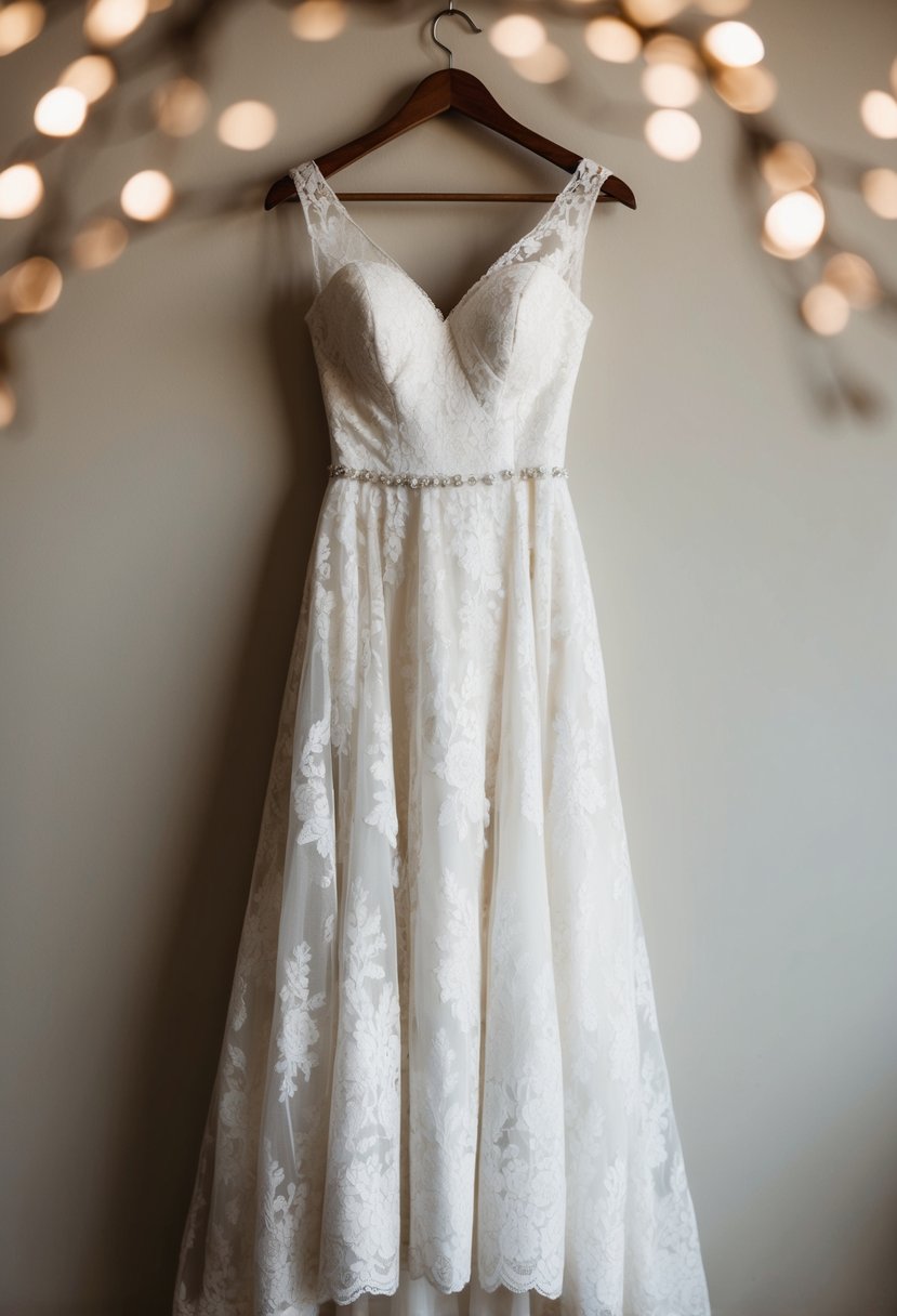 A flowing lace wedding dress hanging on a vintage wooden hanger