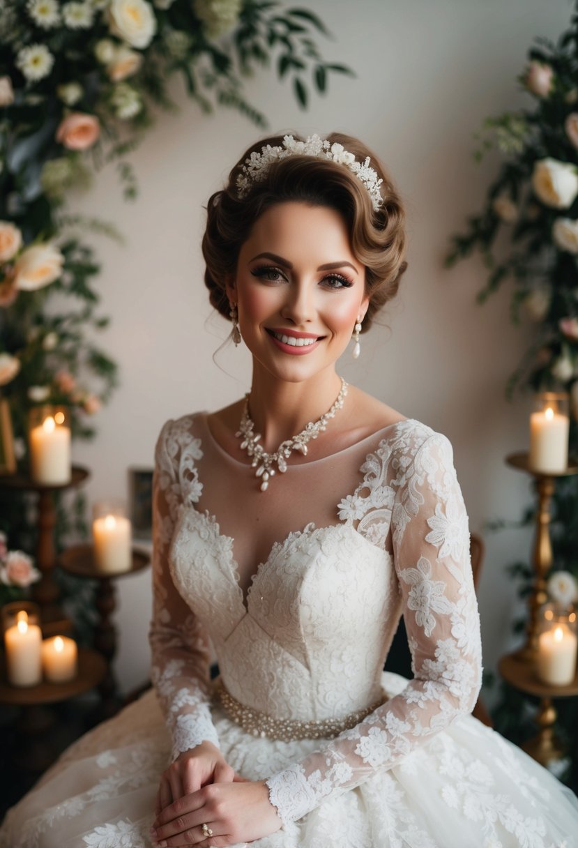 A bride in a 40s-style lace wedding dress, surrounded by vintage floral decor and soft candlelight