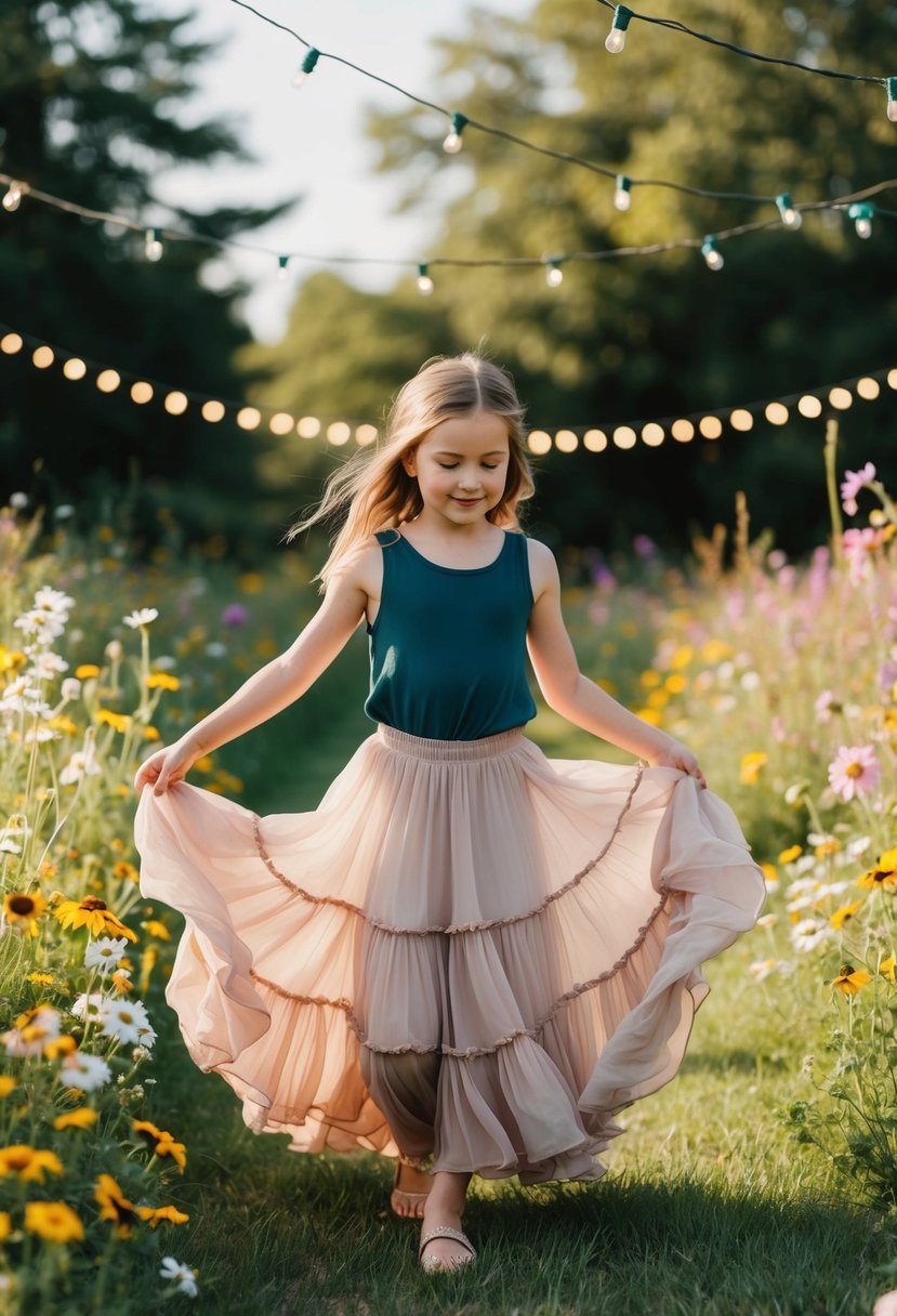 A young girl twirls in a flowing bohemian ruffle skirt, surrounded by wildflowers and fairy lights, creating a whimsical and enchanting atmosphere for a kids' wedding dress idea