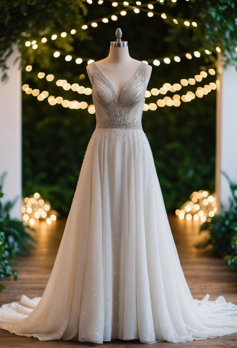 A non-traditional sparkle gown wedding dress with no sleeves, featuring intricate beading and a flowing silhouette, set against a backdrop of twinkling fairy lights and lush greenery