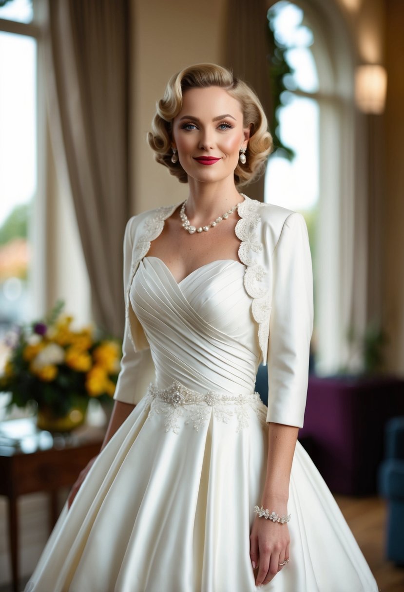 A bride in a 40s-style wedding dress, with a fitted bodice and full skirt, paired with a matching jacket or bolero, adorned with lace or embellishments