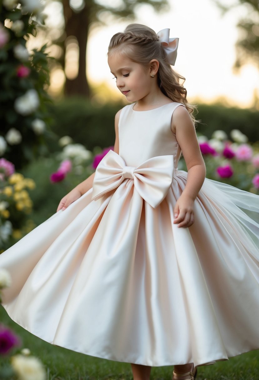 A young girl twirls in a satin A-line dress with a large bow, surrounded by flowers and tulle